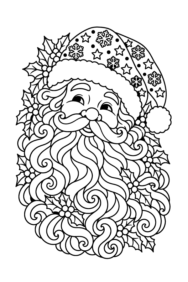 Coloriage de Noël difficile : la tête du Père Noël à motifs zen