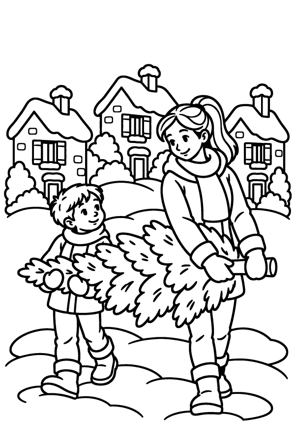Coloriage de Noël : une maman et son enfant rapportent le sapin à la maison