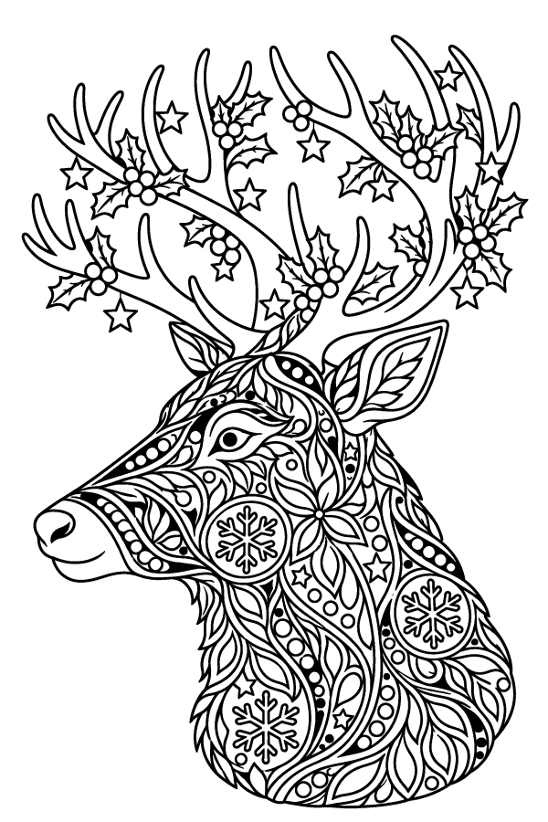 Coloriage de Noël difficile : une tête de renne à motifs zen