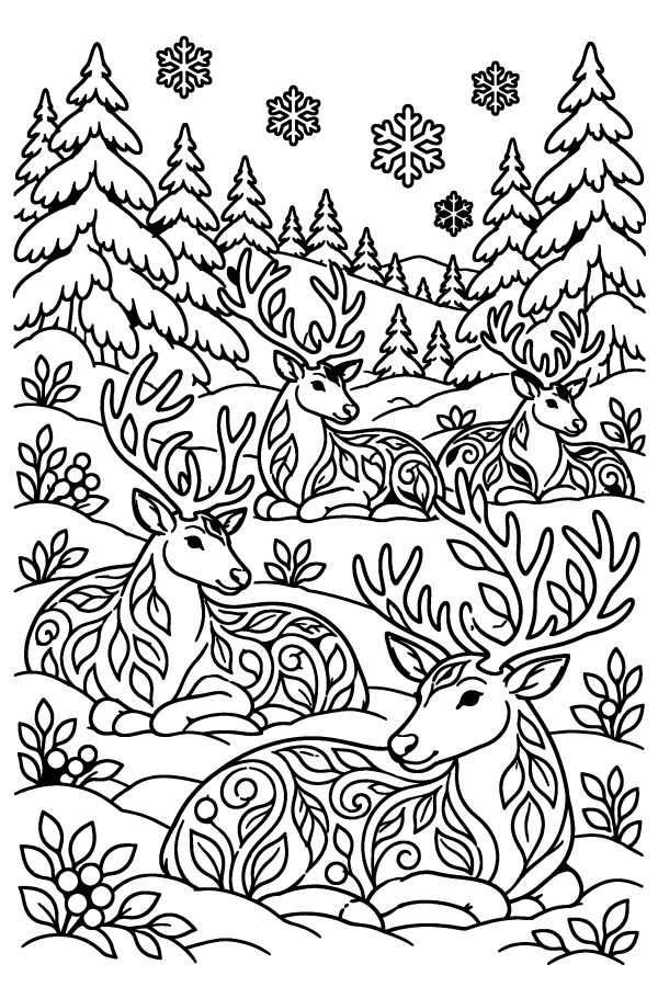 Coloriage de Noël difficile : des rennes dans la forêt enneigée