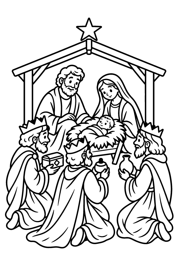 Coloriage de Noël : les Rois mages apportent leurs cadeaux