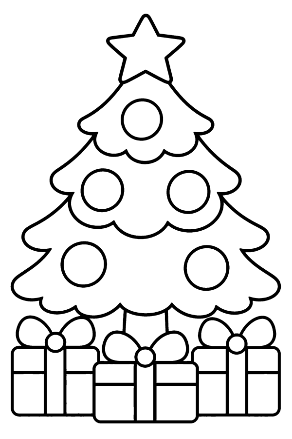 Coloriage de Noël facile : un sapin de Noël avec des cadeaux au pied