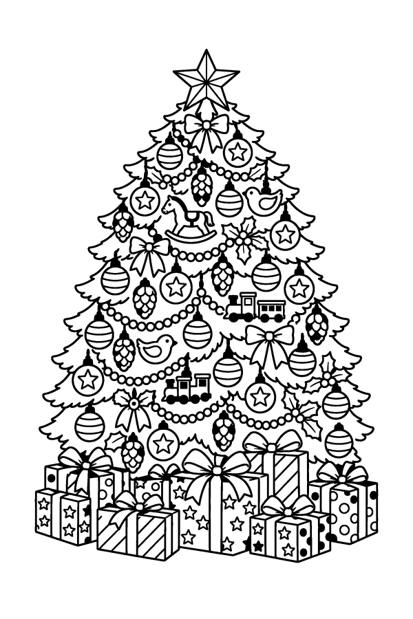 Coloriage de Noël difficile : un sapin de Noël couvert de décorations