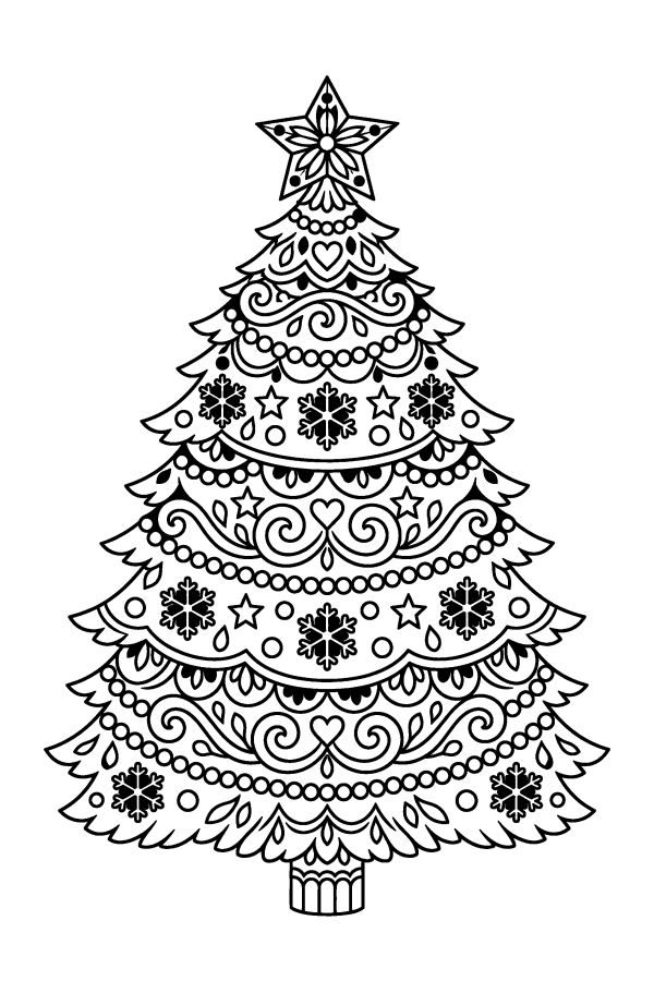 Coloriage de Noël difficile : un sapin de Noël rempli de motifs zen