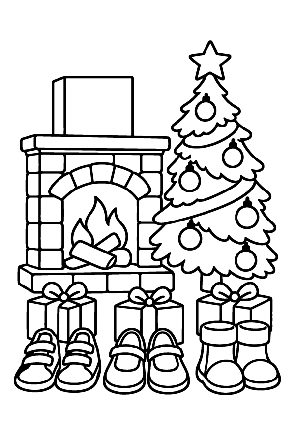 Coloriage de Noël : des souliers devant la cheminée avec des cadeaux