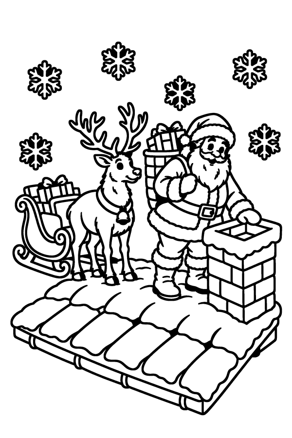 Coloriage de Noël : le Père Noël sur le toit avec sa hotte