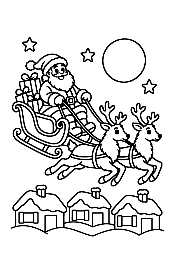 Coloriage de Noël : le Père Noël et son traîneau au-dessus des toits