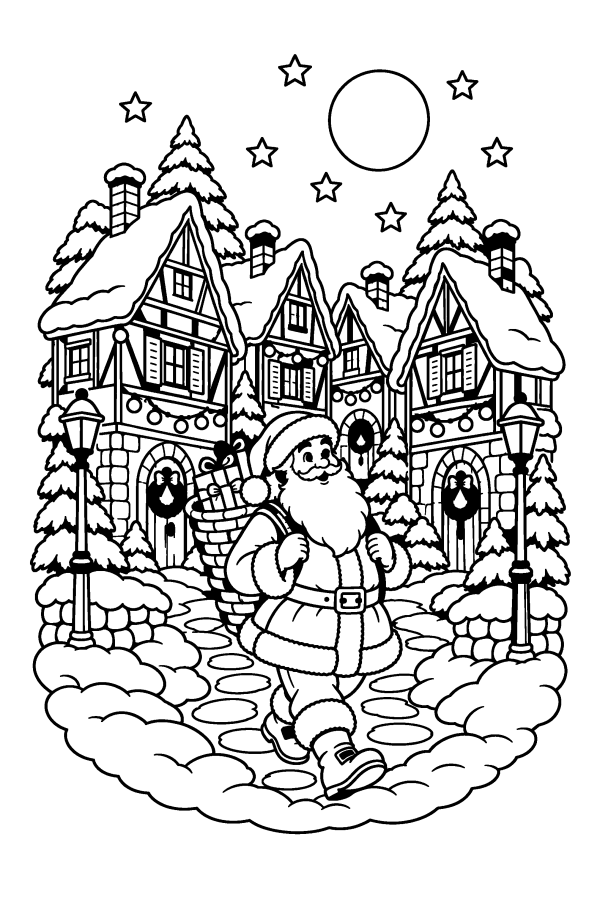 Coloriage de Noël difficile : le Père Noël dans un village enneigé, la nuit