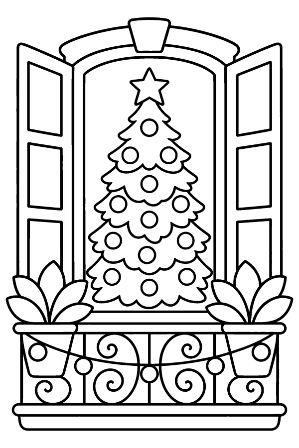 Disegno di Natale da colorare: l'albero di Natale dietro una finestra con le persiane
