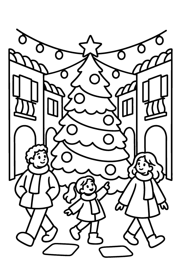 Disegno di Natale da colorare: un grande albero di Natale in piazza con i portici