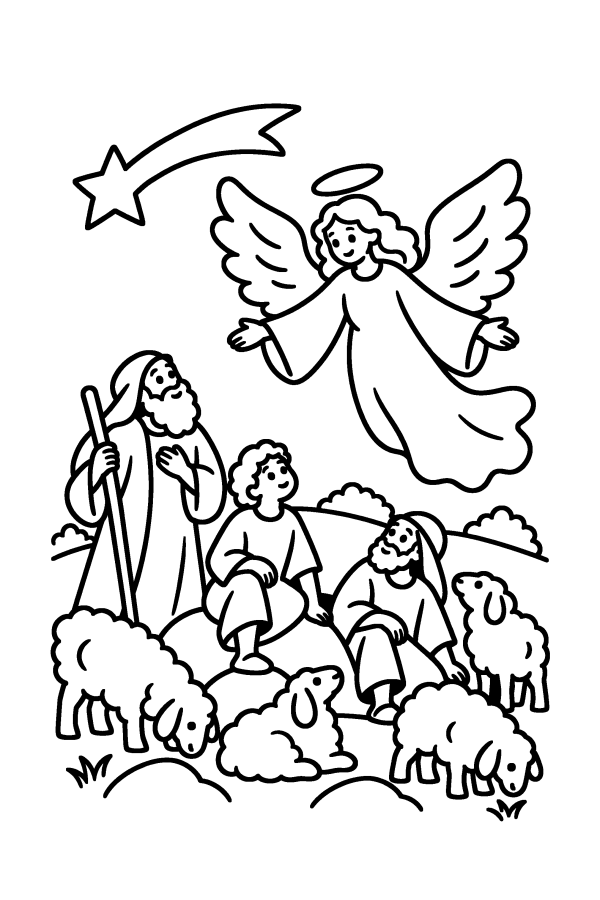 Disegno di Natale da colorare: l'angelo annuncia la nascita di Gesù ai pastori