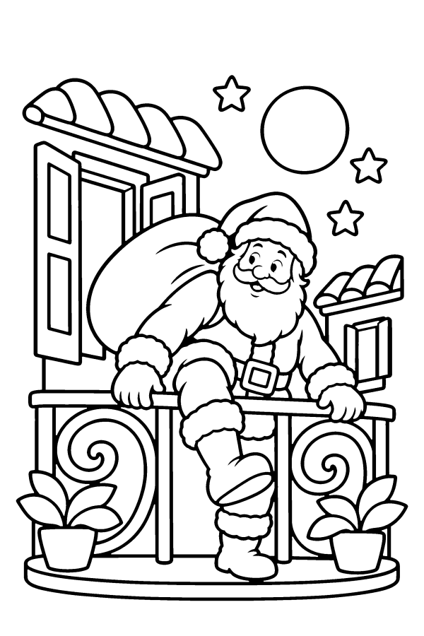 Disegno di Natale da colorare: Babbo Natale scavalca la ringhiera di un balcone