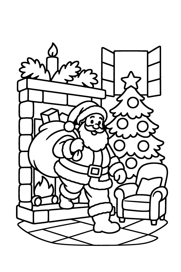 Disegno di Natale da colorare: Babbo Natale esce dal camino con il sacco