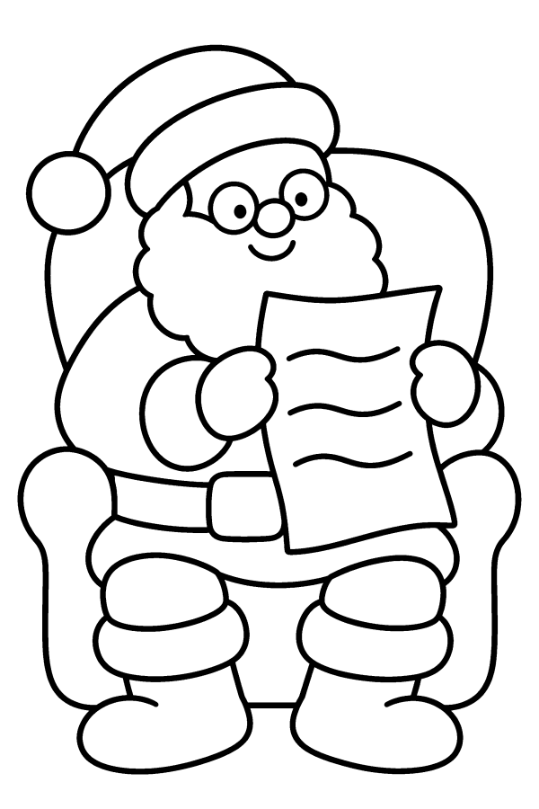 Disegno di Natale da colorare: Babbo Natale legge la letterina in poltrona