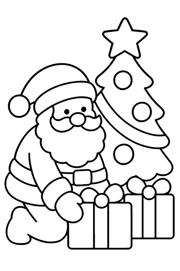 Disegno di Natale da colorare: Babbo Natale mette i regali sotto l'albero