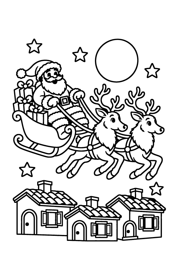 Disegno di Natale da colorare: Babbo Natale sulla slitta con le renne sopra i tetti