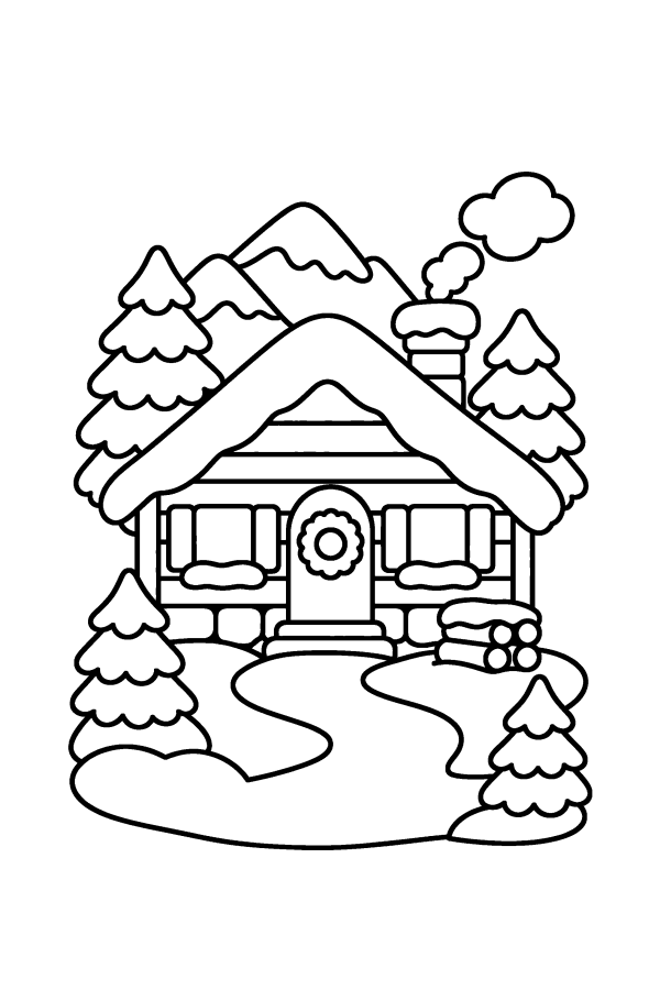Disegno di Natale da colorare: una baita di montagna nella neve