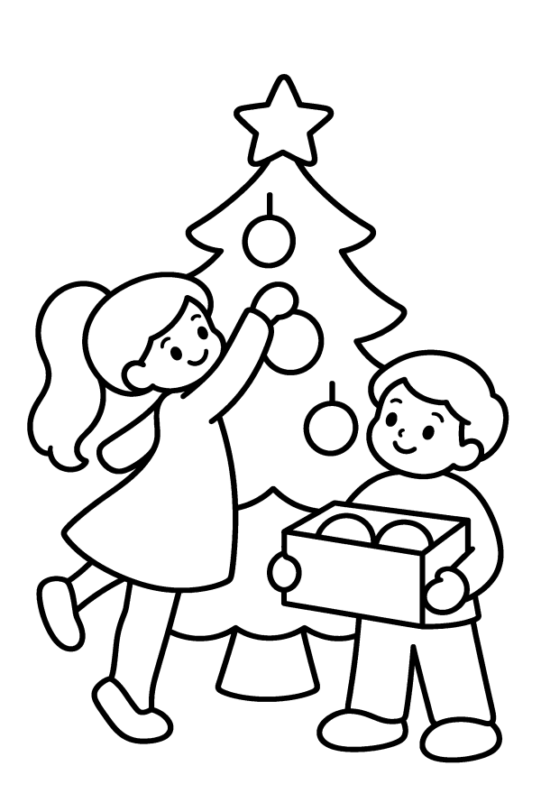 Disegno di Natale da colorare: due bambini appendono le palline all'albero