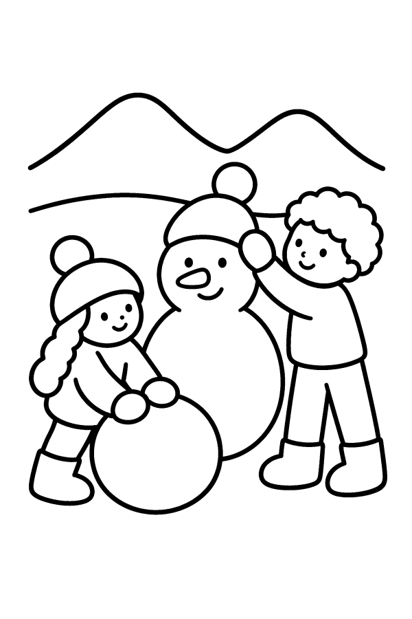 Disegno di Natale da colorare: due bambini fanno un pupazzo di neve