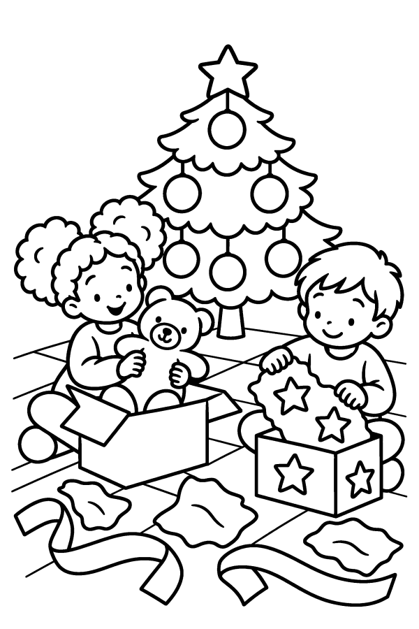 Disegno di Natale da colorare: due bambini scartano i regali la mattina di Natale
