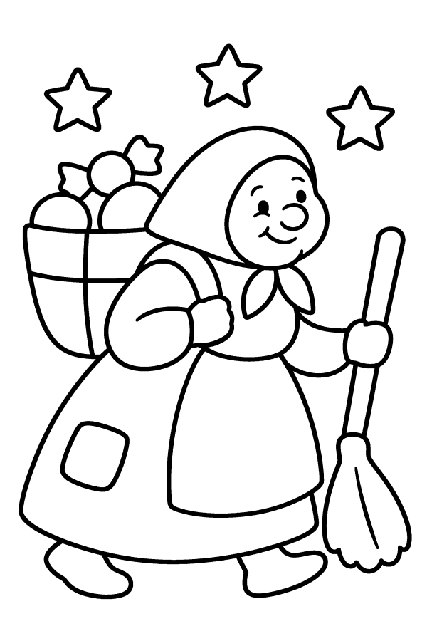 Disegno di Natale da colorare: la Befana con la gerla piena di dolci