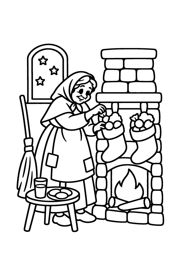 Disegno di Natale da colorare: la Befana riempie le calze vicino al camino