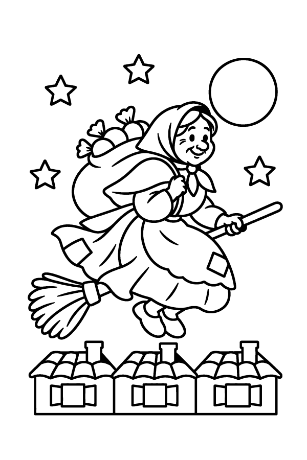 Disegno di Natale da colorare: la Befana sulla scopa vola sopra i tetti