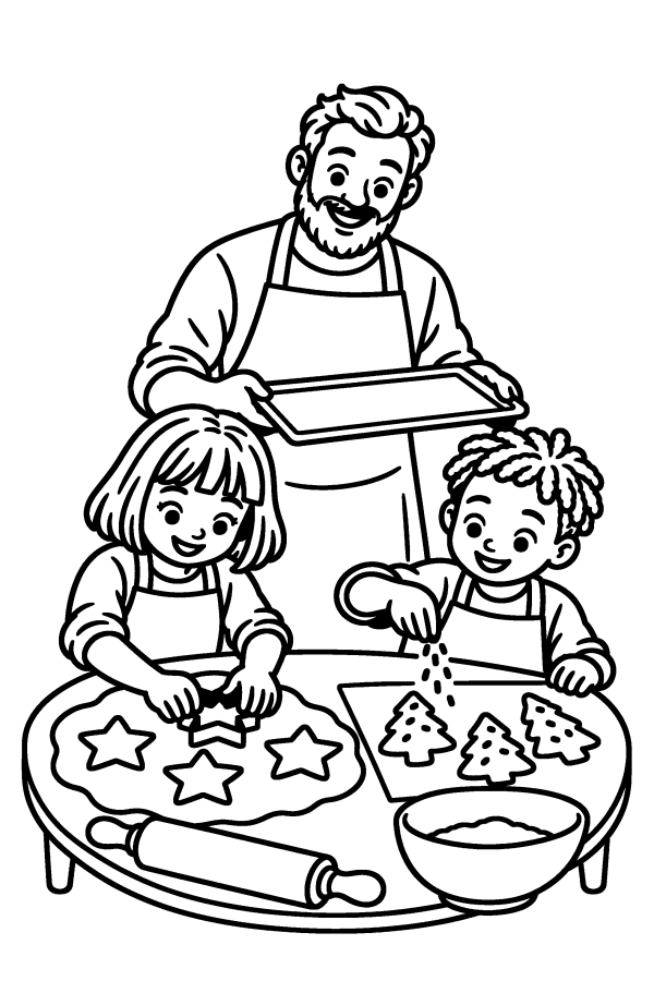 Disegno di Natale da colorare: due bambini preparano i biscotti di Natale con il papà