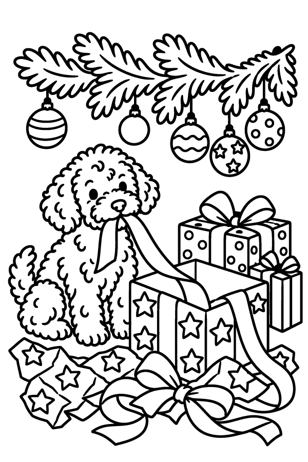 Disegno di Natale da colorare: un cagnolino gioca con il nastro di un regalo