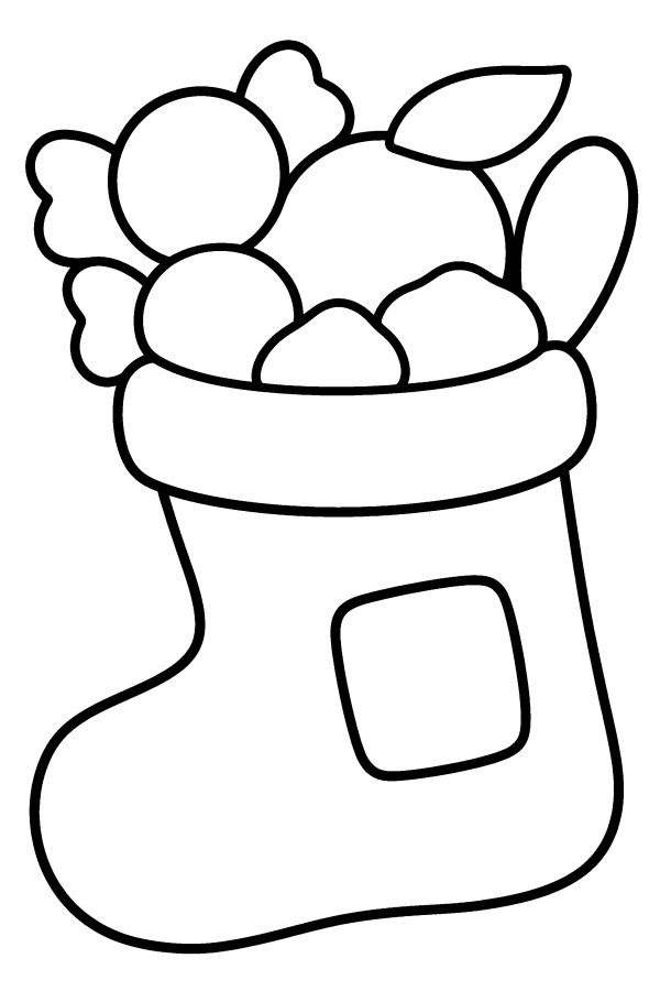 Disegno di Natale da colorare: la calza della Befana piena di dolci, con un mandarino e il carbone dolce