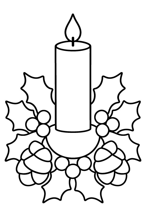 Disegno di Natale da colorare: una candela con una ghirlanda di agrifoglio