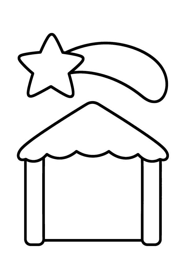 Disegno di Natale da colorare: la capanna del presepe sotto la stella cometa