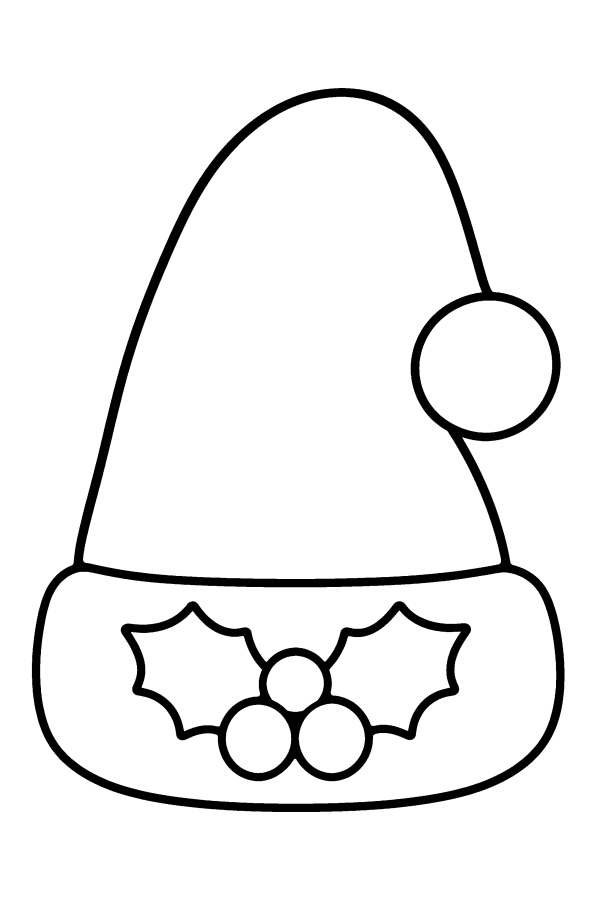 Disegno di Natale da colorare: il cappello di Babbo Natale con il pompon e l'agrifoglio