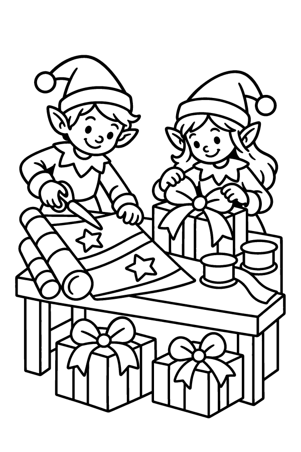 Disegno di Natale da colorare: due elfi incartano i regali di Natale