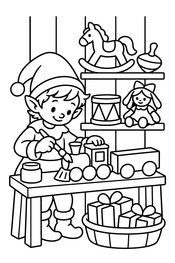 Disegno di Natale da colorare: un elfo dipinge un trenino di legno nel laboratorio