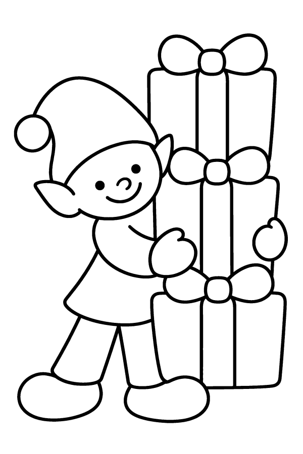 Disegno di Natale da colorare: un elfo abbraccia una pila di regali