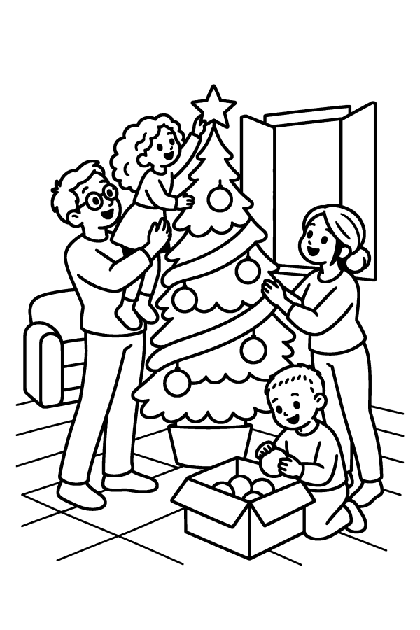 Disegno di Natale da colorare: una famiglia addobba l'albero di Natale in salotto