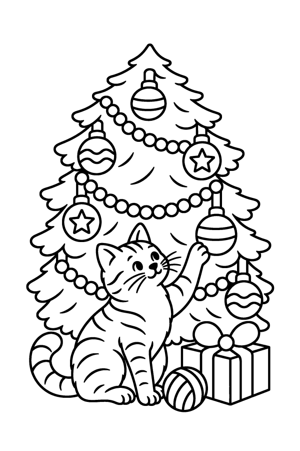 Disegno di Natale da colorare: un gatto gioca con una pallina sotto l'albero