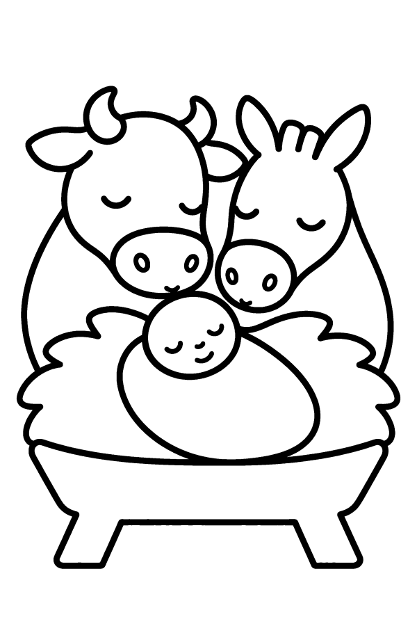 Disegno di Natale da colorare: Gesù Bambino nella mangiatoia con il bue e l'asinello