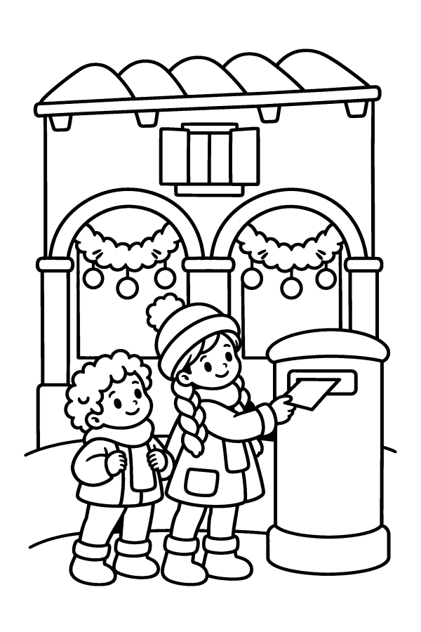 Disegno di Natale da colorare: due bambini imbucano la letterina per Babbo Natale