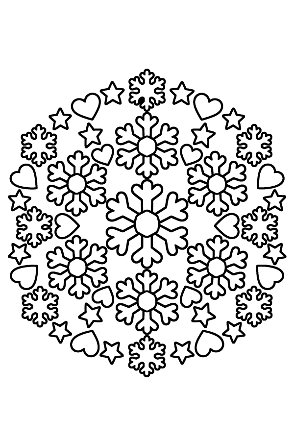 Disegno di Natale da colorare: un mandala di Natale con i fiocchi di neve