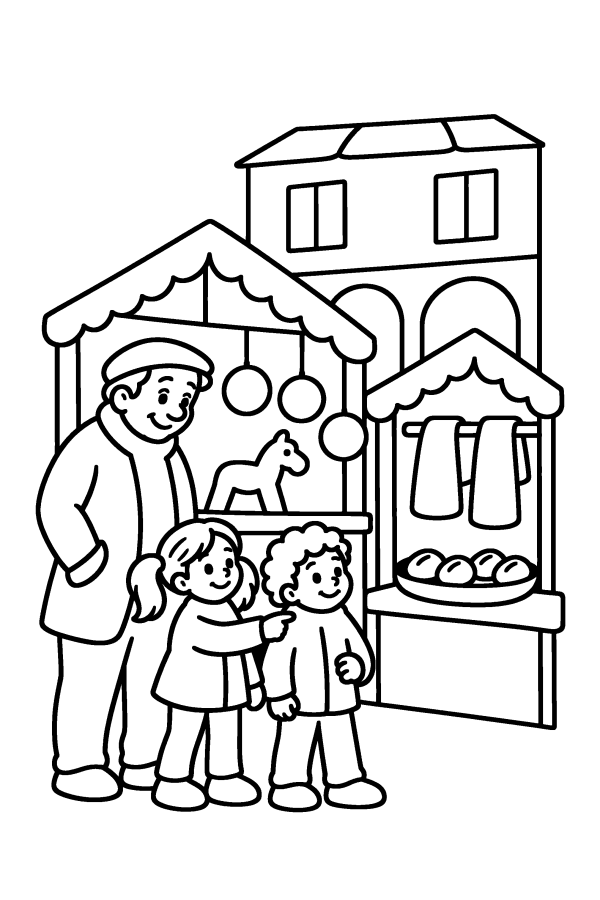 Disegno di Natale da colorare: un mercatino di Natale con le casette di legno
