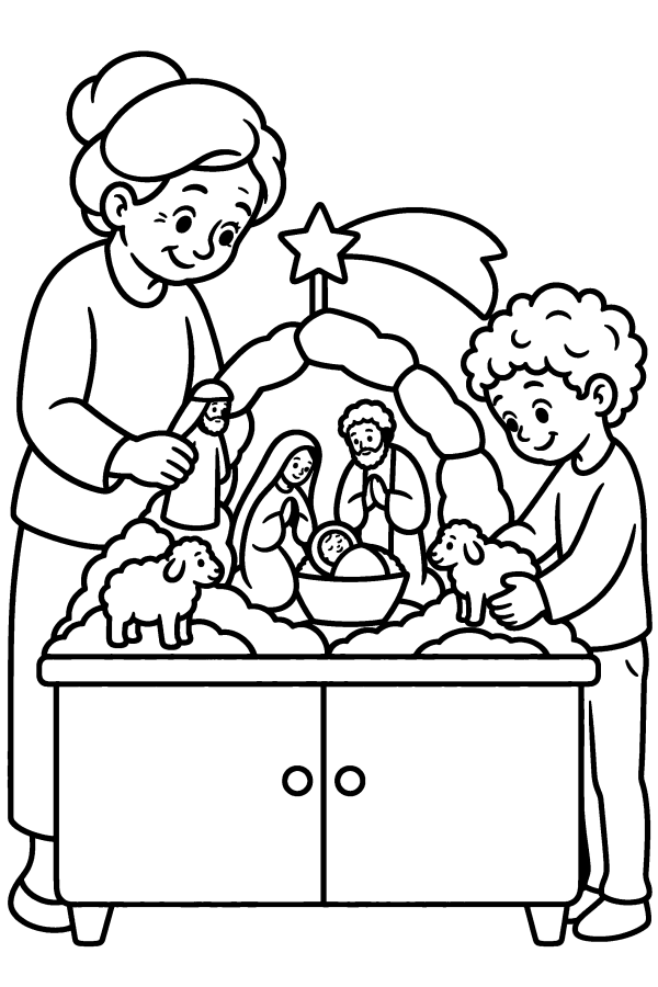 Disegno di Natale da colorare: nonna e nipote sistemano le statuine del presepe