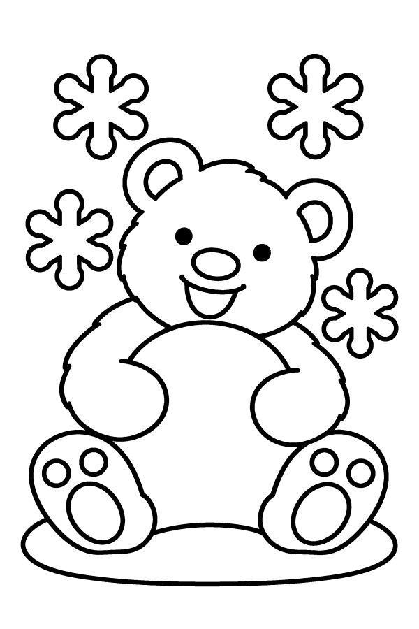 Disegno di Natale da colorare: un orsetto polare abbraccia una palla di neve