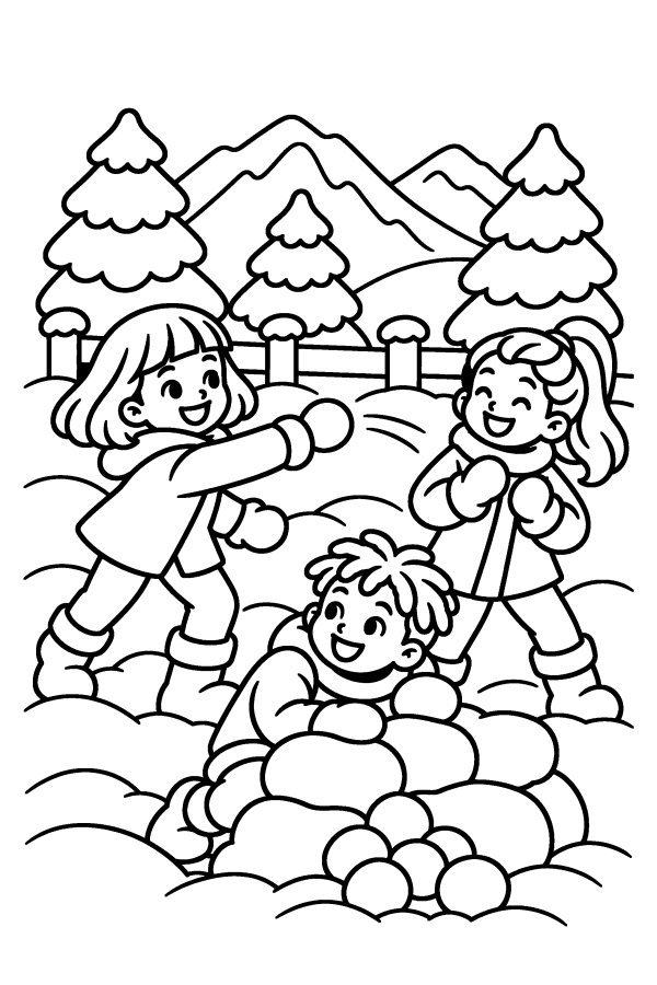 Disegno di Natale da colorare: tre bambini giocano a palle di neve