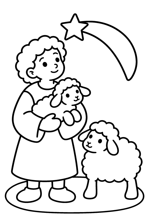Disegno di Natale da colorare: un pastore con un agnellino in braccio