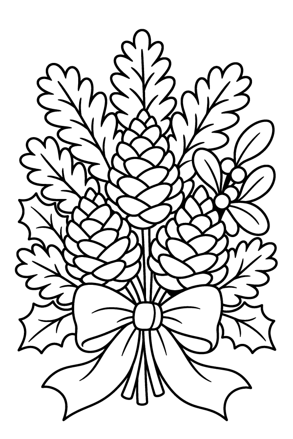 Disegno di Natale da colorare: un mazzo di pigne e rami verdi legati con un fiocco, con l'agrifoglio e il vischio