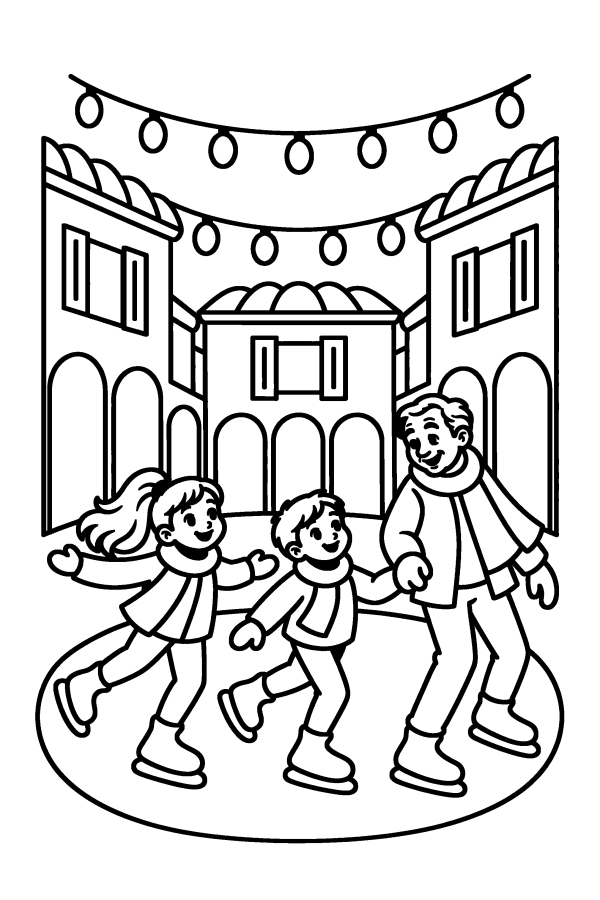 Disegno di Natale da colorare: due bambini e il nonno pattinano sul ghiaccio in piazza