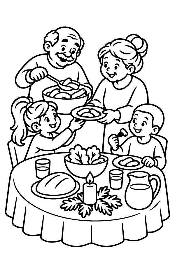 Disegno di Natale da colorare: il pranzo di Natale con i nonni e i nipoti