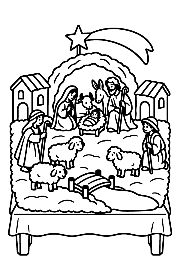 Disegno di Natale da colorare: il presepe di casa con il muschio e la grotta